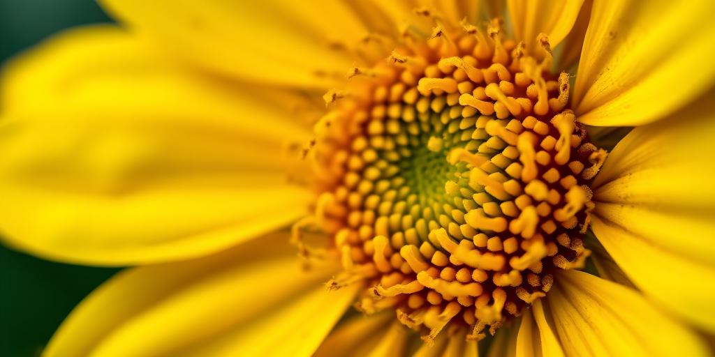 macro shot of a close-up yellow flower with intricate details, aperture f/2.8, shutter speed 1/200s, ISO 100, 100mm macro lens, natural soft lighting, focus stacked for enhanced detail, taken with a DSLR camera