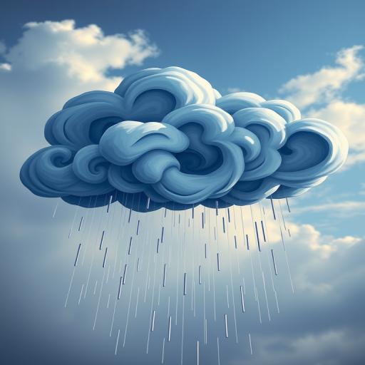 Generate a high-resolution illustration of a stylized rain cloud with spiraling winds, using a DSLR camera at ISO 100, f/8 aperture, 50mm lens, capturing a front view in natural light for enhanced clarity and vivid colors.