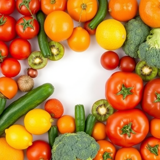 Create a high-resolution watercolor illustration of assorted vegetables and fruits including tomatoes, cucumbers, broccoli, oranges, lemons, kiwi, and more, captured in a top-down view with a Canon EOS R5, f/4 aperture, ISO 100, 50mm lens, soft natural lighting for vibrant colors and detail.