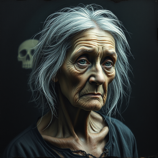 Final exit party. Dark Moody impasto dark picture edges. old woman. grey untidy hair streaked with white and pastel muted colours. include whole head and neck and shoulders. death lurks in the background.