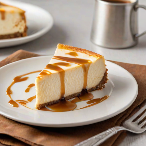 Create an image of a delicious cheesecake with a smooth, creamy texture topped with swirls of whipped cream. The cheesecake is set on a white plate, showcasing a graham cracker crust. Include a small bowl of caramel sauce on the side for drizzling. The background should be simple and light to highlight the dessert.
