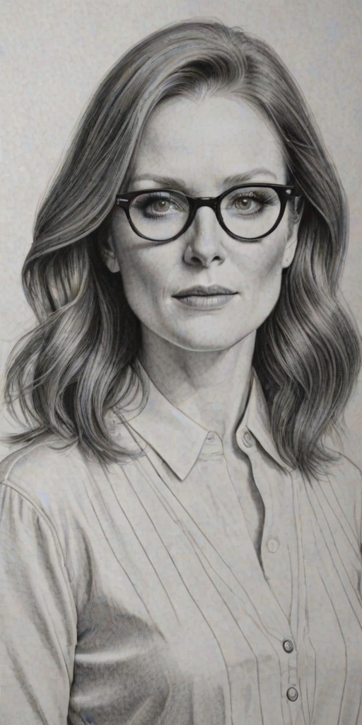 Pleasing Julianne Moore, pencil sketch, portrait of Delightful woman 1934s in glasses, hair style beatnik, outline, clear lines, fine lines, 8k