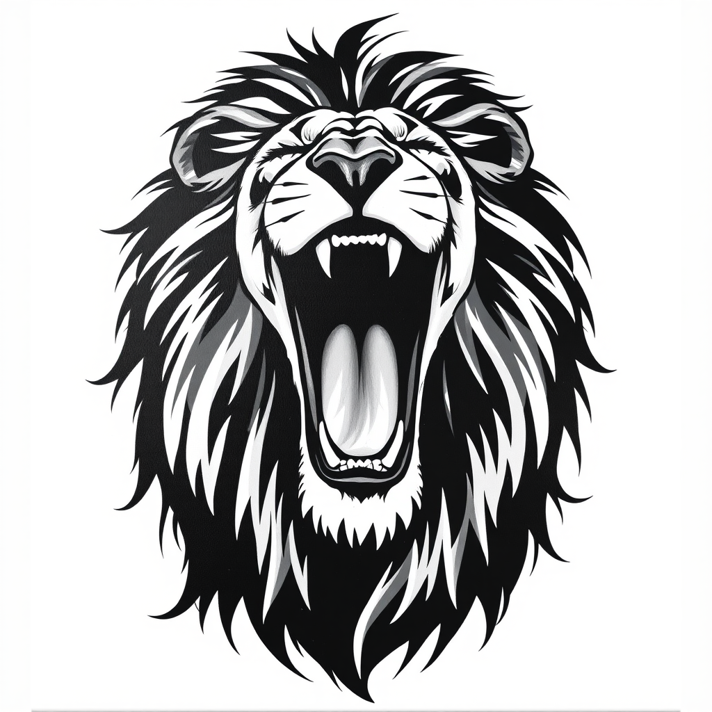 Abstract black and white acrylic portrait of an over exaggerated laughing (lion). Minimalism style. White background.