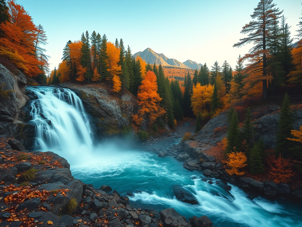 Generate a vibrant landscape of a majestic waterfall surrounded by autumn trees and mountains in the background, captured with a Canon EOS R5, settings at f/11, 1/250s, ISO 100, using a wide-angle lens for depth, in natural lighting for enhanced clarity and detail.