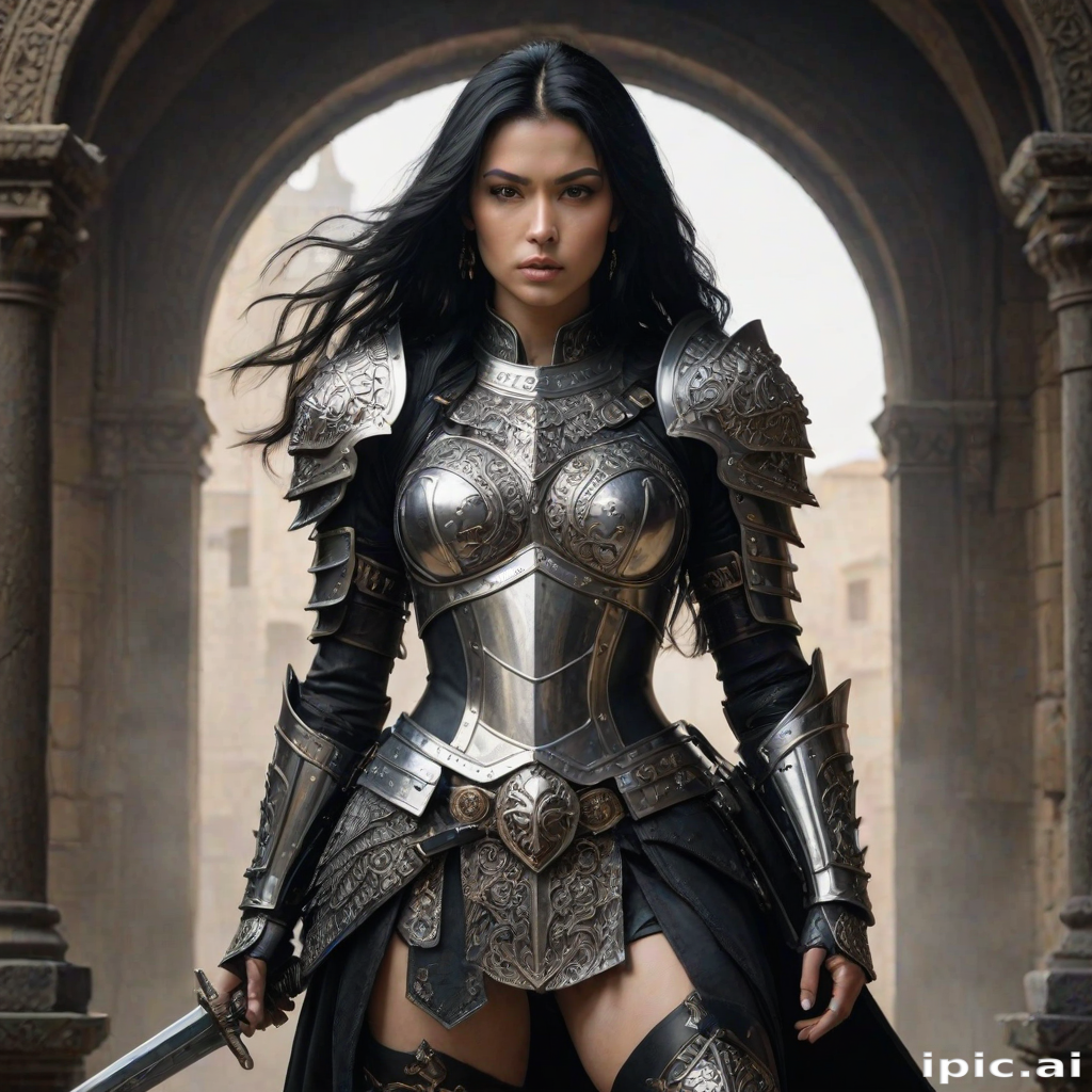 Create a photo of a fierce female warrior with long black hair, wearing an ornate, metallic armor. The armor includes a breastplate with intricate designs, shoulder guards, and gauntlets. The breastplate is decorated with a central emblem, possibly representing a mythical symbol, and has a sculpted, form-fitting design. She wears a belt with a large skull ornament at the center, and her armor extends into a partial skirt, revealing one leg. The overall look is both protective and stylish, with a dark, gothic aesthetic. The background is dimly lit, suggesting a medieval or fantasy setting, enhancing the warrior's imposing presence and intense expression.