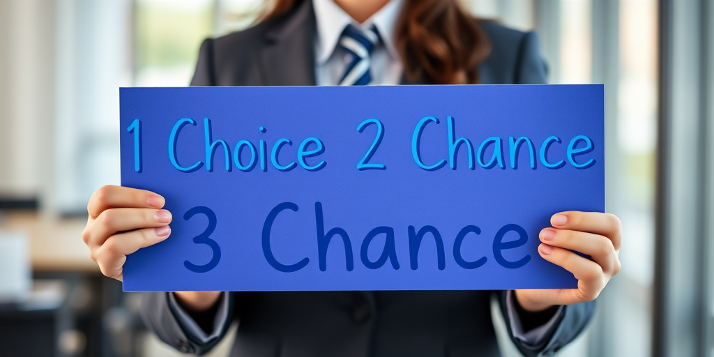 Create an image of a person in business attire holding a sign with the words "1. Choice 2. Chance 3. Change" written in a playful blue font, shot with a Canon EOS R6 at f/2.8, ISO 100, 50mm lens, in soft natural lighting from the left, with a slight bokeh effect in the background.