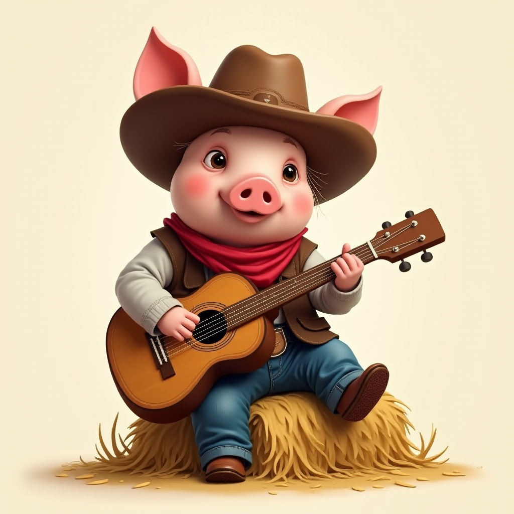 A chibi pig, dressed as a cowboy, playing guitar, sitting on a hay bale