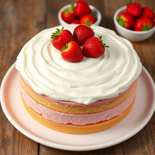 Create an image of a round strawberry cake with a smooth white whipped cream topping and three fresh strawberries on top. The cake has a pink layer visible on the sides and is presented on a white plate. Include a small bowl of strawberries in the background and a rustic wooden table surface.