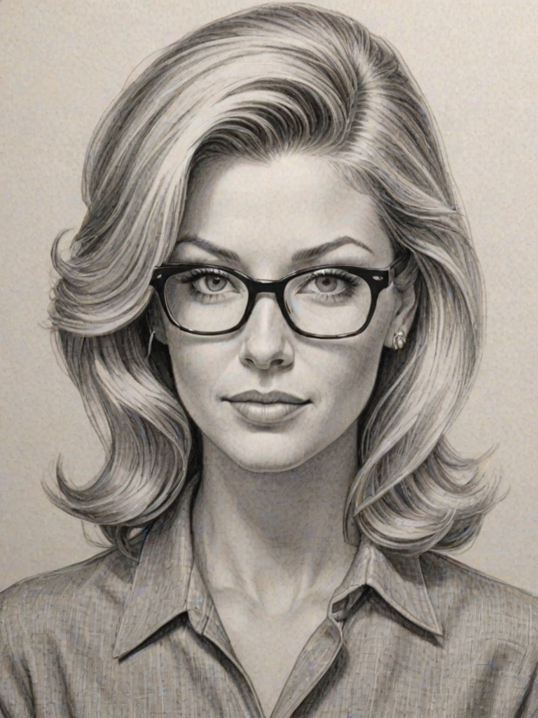 Magnificent Ainsley Earhardt, pencil sketch, portrait of Sublime woman 1952s in glasses, hair style beatnik, outline, clear lines, fine lines, 8k