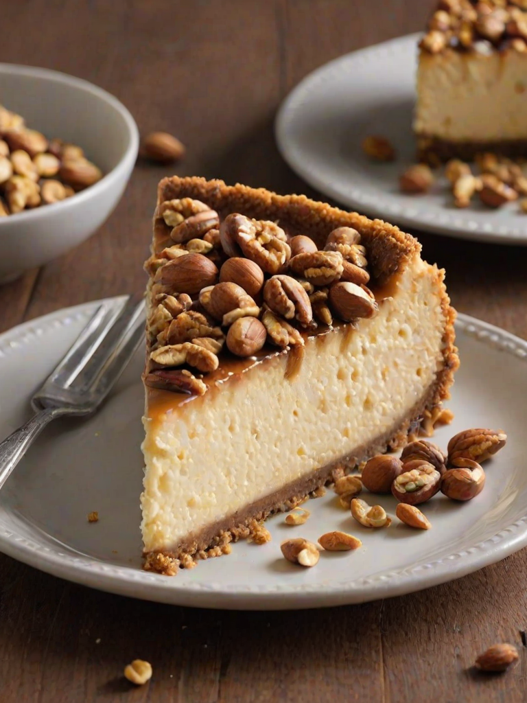 Generate an image of a delicious cheesecake topped with a crunchy layer of nuts. The cheesecake should have a creamy texture and a golden-brown crust, with visible pieces of nuts sprinkled generously on top. The background should be dark to highlight the rich colors of the dessert.