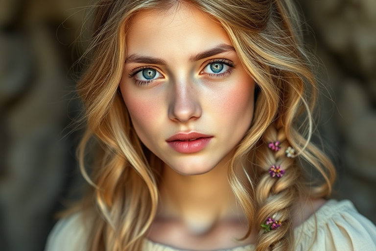 Create an image of a young Chaldean woman with long, wavy blonde hair, adorned with small, colorful flowers woven into her braids and loose strands. Her complexion is fair, with soft, glowing skin, and she has light blue eyes that gaze softly at the viewer. She wears a light, flowing dress with a gentle, ethereal quality, complementing her delicate and serene appearance. The background is slightly blurred, drawing focus to her tranquil expression and the intricate details of the flowers in her hair. The overall mood of the image is one of natural beauty and grace, evoking a sense of peacefulness and connection with nature.