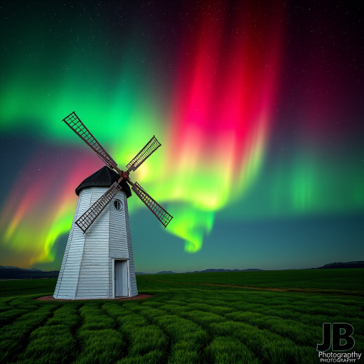 An ultra-realistic and highly detailed 4d, uhd photograph capturing a white windmill with wooden blades located in a green field. The night sky in the background is illuminated by an aurora borealis, which displays vibrant colors of green and red, blending together in a magical way and spreading across the firmament dotted with stars. The aurora borealis creates an impressive and dazzling visual effect, standing out against the dark sky. In the bottom right-hand corner of the image is a logo with the letters 'JB' and the word 'Photography'. The composition of the image combines the traditional element of the windmill with the extraordinary natural phenomenon of the Northern Lights, creating a unique and breathtaking scene.