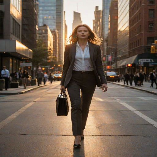 Bustling city street at sunset, the light reflecting off tall buildings, a woman in a business suit walks briskly down the sidewalk, her briefcase in hand as the city comes alive around her.