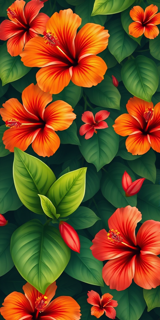 Create a vibrant illustration of hibiscus flowers in orange and red, surrounded by green tropical leaves, using a high-resolution digital art style, with a soft focus effect, captured as if taken with a DSLR camera at f/2.8 aperture, ISO 100, at a 50mm focal length.