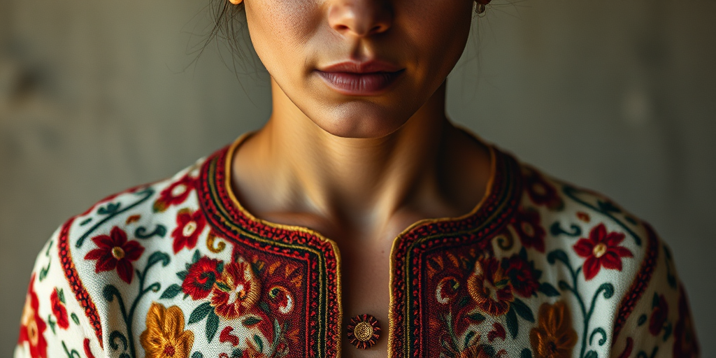 Face, shoulders, chest covered in openwork Druze embroidery. Raw, unedited image.