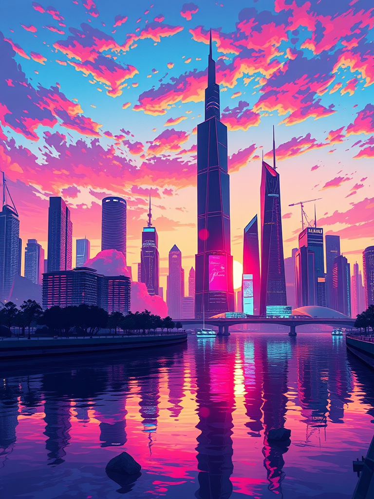 Create a vibrant and detailed illustration of a futuristic city skyline at sunset, with tall skyscrapers and neon lights reflecting on water, using a DSLR camera with a 50mm lens at f/1.8, ISO 100, and a slow shutter speed of 1/30 seconds, captured in a wide-angle view for depth and clarity.