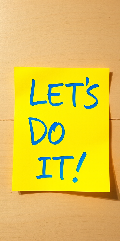 Generate an image of a bright yellow sticky note with blue handwritten text that says "LET'S DO IT!" using a Canon EOS R5 camera, 50mm lens, f/2.8 aperture, ISO 100, shot from a top-down view with natural lighting.