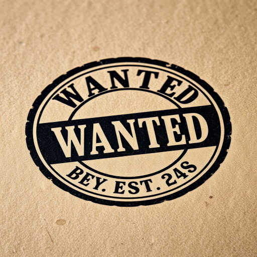 Create a high-resolution image of a "Wanted" stamp featuring a vintage design, shot with a DSLR camera at f/8 aperture, ISO 100, 50mm lens, and natural lighting to enhance contrast and clarity.