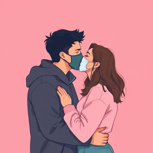 Create a stylized illustration of a couple kissing on a pink background, emphasizing the expression of love and connection while wearing masks, shot with a Canon EOS R5 at f/8, ISO 100, 50mm lens, using a soft focus effect for a dreamy quality.