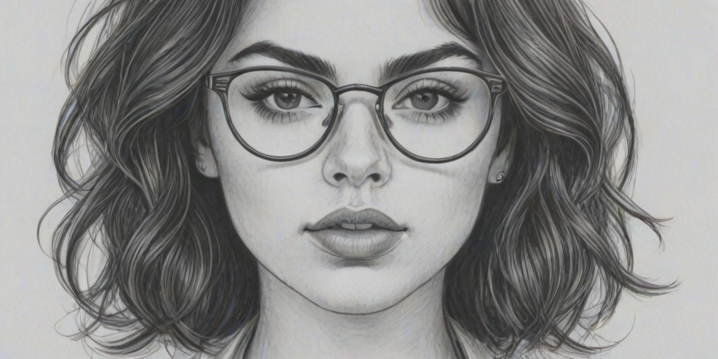 Sublime Charli XCX, pencil sketch, portrait of Attractive woman 1974s in glasses, hair style beatnik, outline, clear lines, fine lines, 8k