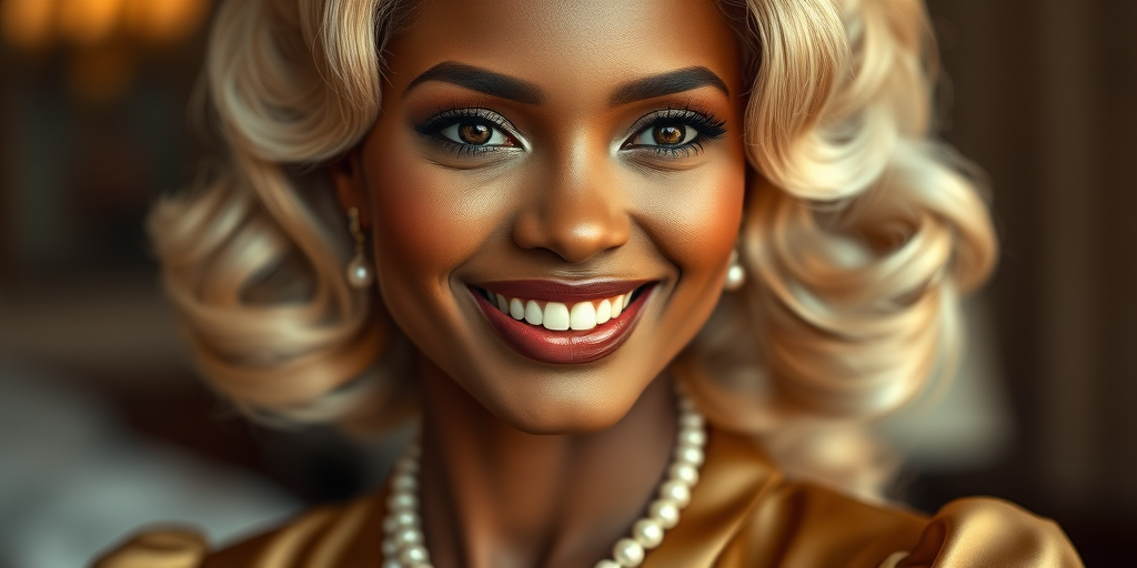 A beautiful Xhosa woman reminiscent of 1950s Hollywood glamour, with perfectly styled blonde hair and a seductive smile, dressed in a satin blouse and adorned with pearls, soft and warm tones, photorealistic, 8K