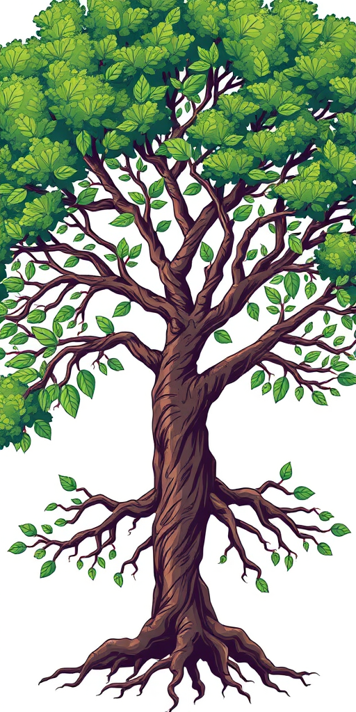 create an illustration of a stylized tree with intricate branches and vibrant green leaves, showcasing a detailed root system, set against a transparent background