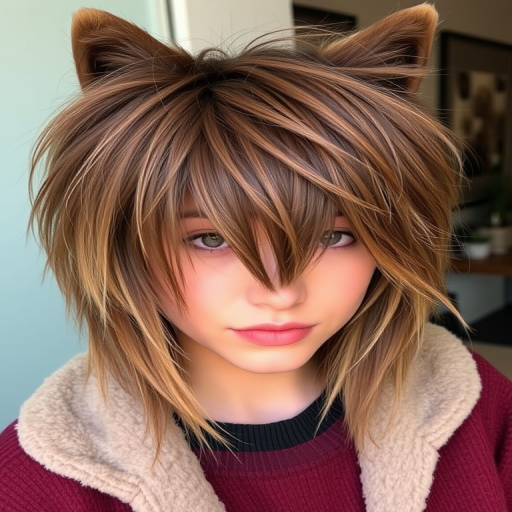 Trendy wolf cut in warm caramel brown, featuring textured layers and curtain bangs, creating a perfect balance of edgy and effortlessly chic