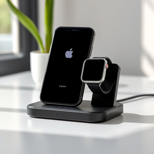 Create an image of a sleek black wireless charging station with an iPhone and an Apple Watch positioned on it, using a Canon EOS R5 camera, 50mm lens, f/1.8 aperture, ISO 100, shot from a 45-degree angle with soft natural lighting for enhanced quality.