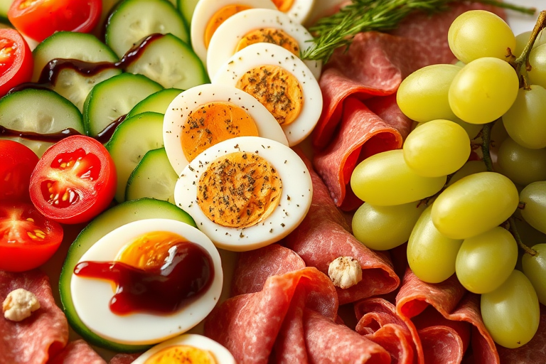 Create a vibrant and detailed image of a gourmet charcuterie board featuring sliced cucumbers, cherry tomatoes with balsamic drizzle, mozzarella slices, hard-boiled eggs sprinkled with seasoning, salami, and a bunch of green grapes, shot with a Canon EOS 5D Mark IV using a 50mm f/1.8 lens, aperture set at f/2.8, ISO 200, and soft natural lighting from the side to enhance texture and colors.