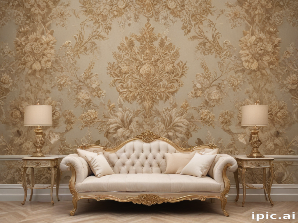 Elegant Vintage Living Room with Floral Wallpaper and Luxurious Sofa Set.