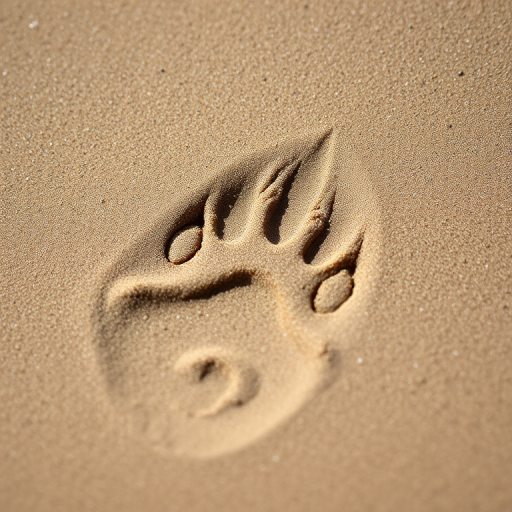 Close-up of an animal track in fine sand, shallow depth of field, natural lighting, captured with a DSLR camera at f/2.8, ISO 100, 50mm lens, overhead view.