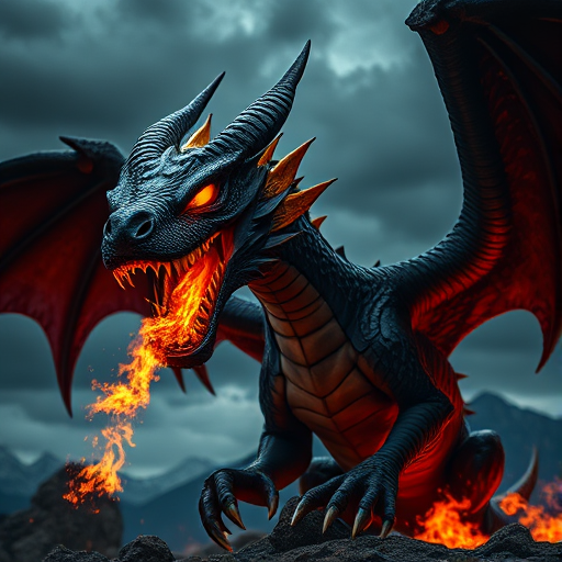 Create a highly detailed and dramatic image of a fierce dragon with glowing eyes and fiery elements, set against a dark, stormy sky with mountains in the background, using a DSLR camera with a 50mm lens, ISO 100, f/1.8, and a low-angle view to emphasize the dragon's imposing stature.