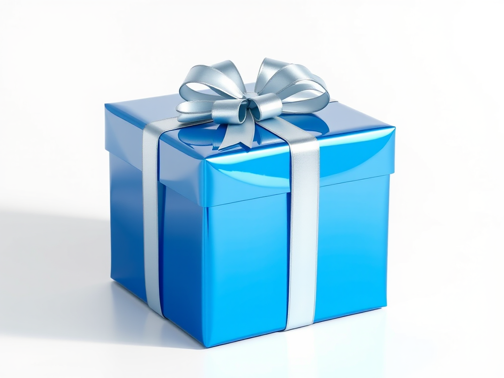 Create a high-resolution 3D rendering of a shiny blue gift box with a silver ribbon on top, using a Canon EOS R5 camera, 50mm lens, f/2.8 aperture, ISO 100, and 1/125 sec shutter speed, set against a clean white background with soft lighting for enhanced shadows and reflections.