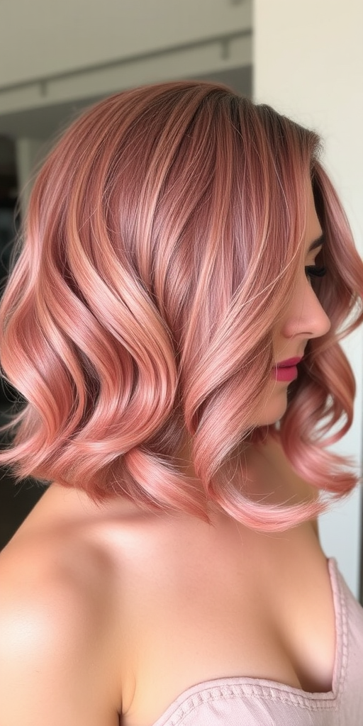 Dusty rose bob with subtle gold leaf accents, styled in vintage finger waves, called "Gilded Blush" look, featuring a glossy finish and sculpted shape