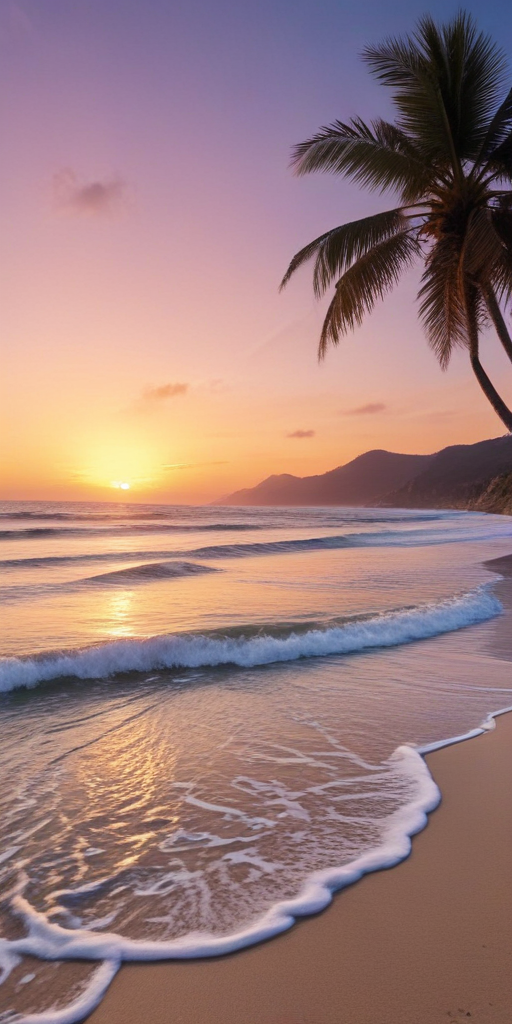 Serene Sunset Over Tranquil Beach with Gentle Waves and Palm Trees