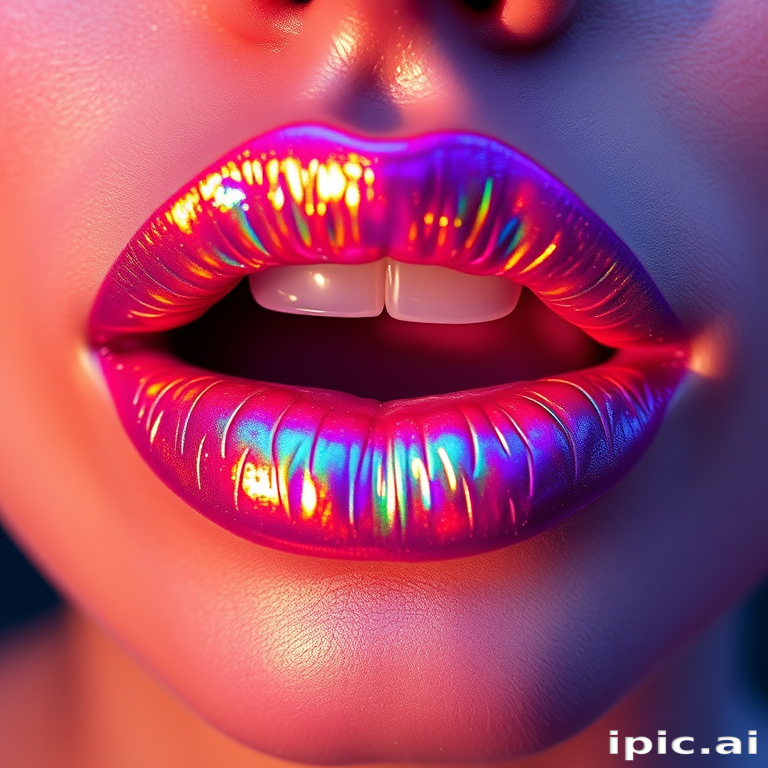 Holographic lips shimmering with iridescent rainbow hues, catching and reflecting light from every angle, creating a mesmerizing and otherworldly effect