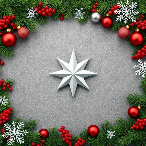 Create an image of a festive Christmas scene featuring a border of evergreen branches adorned with red and silver ornaments, along with white snowflakes. In the center, place a large silver star on a textured gray background.