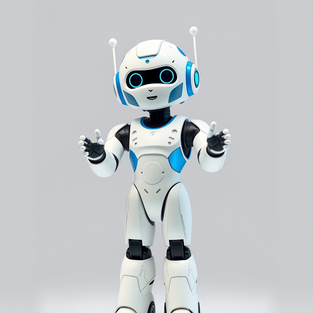 A humanoid robot with white and blue accents standing in a greeting pose, shot in high-resolution with a DSLR camera at f/2.8 aperture, ISO 100, 50mm lens, with a clean white background and soft lighting to enhance details and colors.