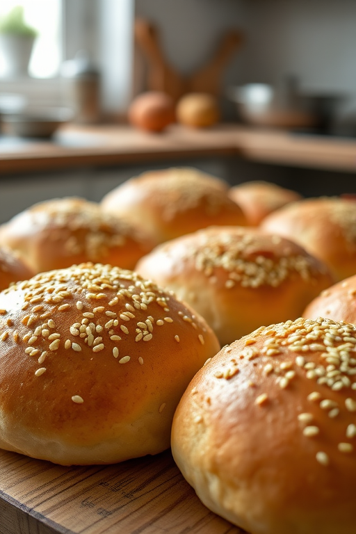 Capture an image of freshly baked sesame seed bread rolls with a soft, golden crust in a well-lit kitchen environment using a DSLR camera, 50mm lens, f/2.8 aperture, ISO 100, and a shallow depth of field to enhance texture details.