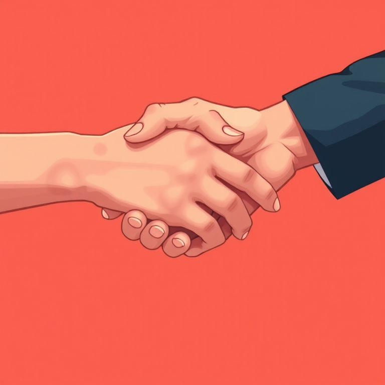 Create an illustration of two hands clasping each other on a solid coral background, using a digital art style with a soft focus effect, simulated shallow depth of field, and a high-resolution setting of 300 DPI for clarity.