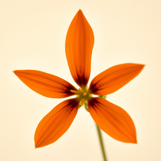 Create a high-resolution image of a vibrant orange flower with six pointed petals against a soft cream background, using a DSLR camera with a 50mm lens, f/2.8 aperture, ISO 100, and a shallow depth of field for enhanced detail and color contrast.