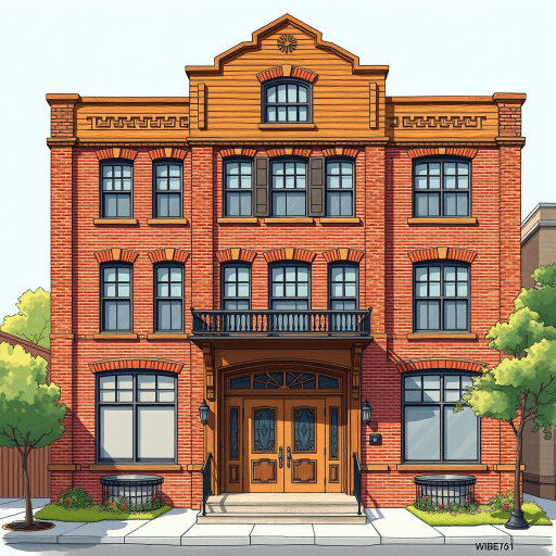 Create a detailed illustration of a five-story brick building with wooden texture, large windows, and a prominent entrance with double doors, using a 50mm lens, f/8 aperture, ISO 200 for sharpness, and overhead lighting to enhance details.