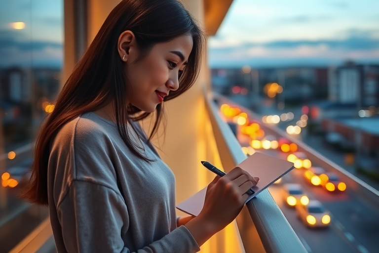 Warmly lit image of a young woman sketching in a notebook on a balcony at twilight, with soft city lights twinkling below and distant car horns faintly audible.