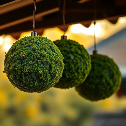photograph of three large, textured moss-covered spheres hanging from a traditional eaves, soft focus background, golden hour lighting, f/2.8 aperture, ISO 100, shutter speed 1/200s, captured with a full-frame DSLR camera in a shallow depth of field for enhanced details and clarity.