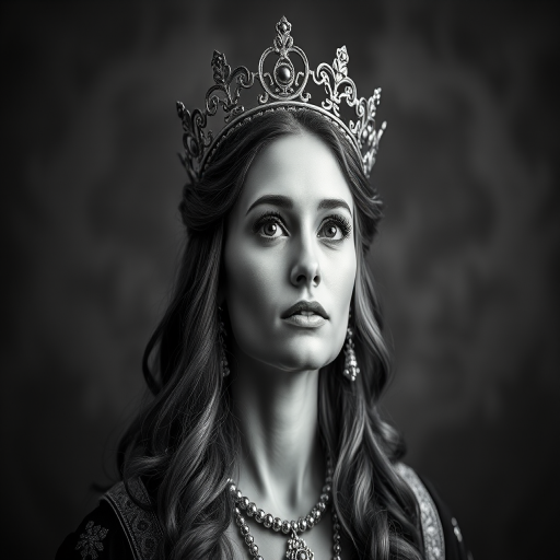 Create a high-resolution black and white portrait of a regal woman with a crown, using a DSLR camera set to 50mm lens, aperture f/2.8, ISO 100, 1/125 shutter speed, with a soft-focus background and high contrast to enhance details.