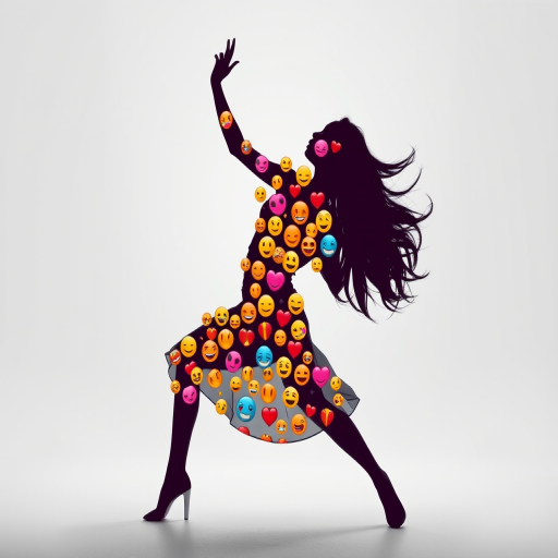 Create a vibrant silhouette of a dancer filled with assorted colorful emojis, shot with a Canon EOS R5, 50mm lens, f/1.2 aperture, ISO 100, and a high dynamic range for enhanced detail and color contrast, in a minimalist studio setting with soft, even lighting.