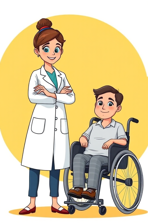 Regenerate an illustration of a confident female doctor in a white coat standing next to a man in a wheelchair; use a bright yellow gradient background, shot with a digital camera at f/2.8, ISO 100, with a wide-angle lens for clarity and depth, aiming for a cartoonish, playful style.