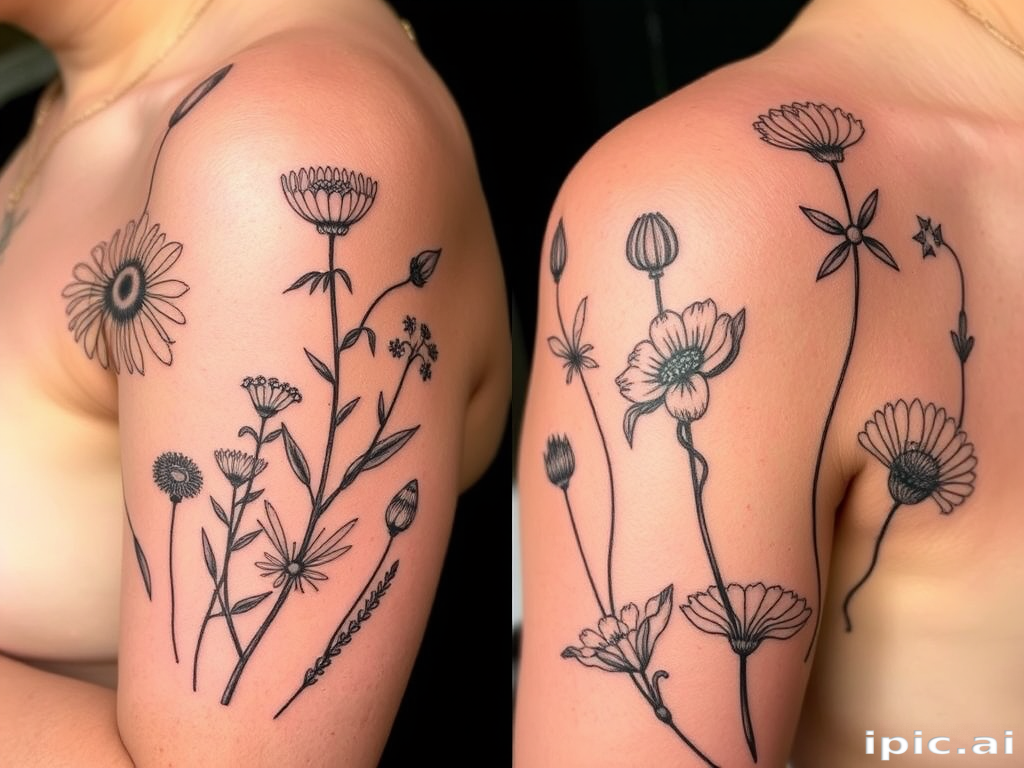 Botanical illustration tattoo named "Flora's Secret" featuring scientifically accurate renderings of various plant species, with delicate linework and subtle shading creating a vintage-inspired, naturalistic design
