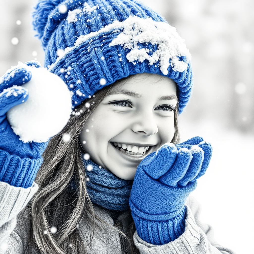 A hyperdetailed photorealistic macro image black and white pencil sketch of a young girl getting hit by a snowball during a snowball fight. She is wearing a brilliant sapphire blue wool beanie and bright blue mittens. She is trying to block the snowball by putting her hands up. The snowball hits her beanie and disintegrates into myriad tiny snowflakes caught with high speed photography. The girl is laughing and having a wonderful time.