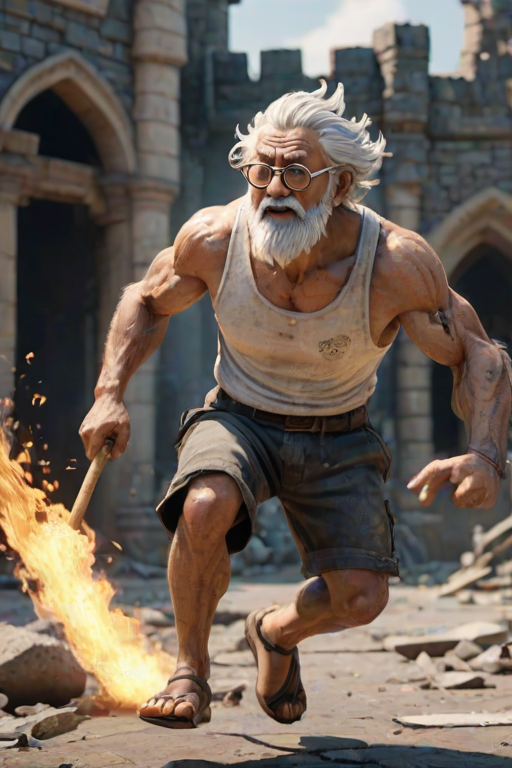 Cartoon 3D High-Resolution,dynamic battle scene using Unreal Engine 5 and Octane Render. The scene features back of an elderly, thai man with a beard,messy hair and round golden-rimmed glasses. He is wearing a tattered tank top with soot marks, shorts, and sandals. sweating. he wields a baseball bat. He jump to fight with a white fire-breathing Europe dragon amidst a partially destroyed stone castle. Include intense flames, smoke, and debris to enhance the dramatic effect.